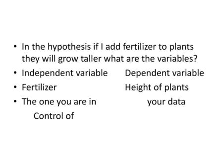 Independent variable	Dependent variable Fertilizer				Height of plants