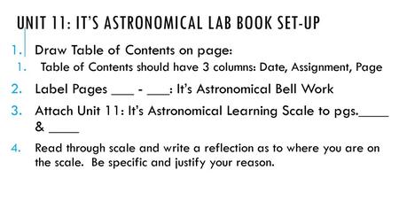 Unit 11: It’s Astronomical Lab Book Set-Up