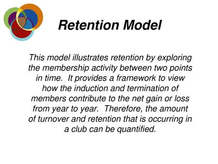 Retention Model This model illustrates retention by exploring the membership activity between two points in time. It provides a framework to view how.