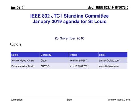 IEEE 802 JTC1 Standing Committee January 2019 agenda for St Louis