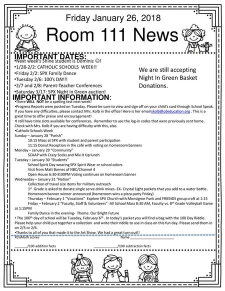 Room 111 News Friday January 26, 2018 Important dates: