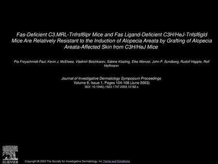 Fas-Deficient C3.MRL-Tnfrsf6lpr Mice and Fas Ligand-Deficient C3H/HeJ-Tnfsf6gld Mice Are Relatively Resistant to the Induction of Alopecia Areata by Grafting.