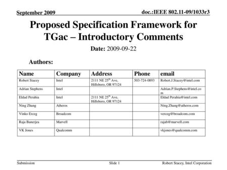 Proposed Specification Framework for TGac – Introductory Comments