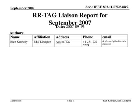 RR-TAG Liaison Report for September 2007