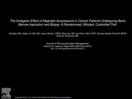 The Analgesic Effect of Magnetic Acupressure in Cancer Patients Undergoing Bone Marrow Aspiration and Biopsy: A Randomized, Blinded, Controlled Trial 