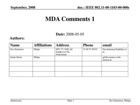 MDA Comments 1 Date: Authors: September, 2008 Feb, 2008