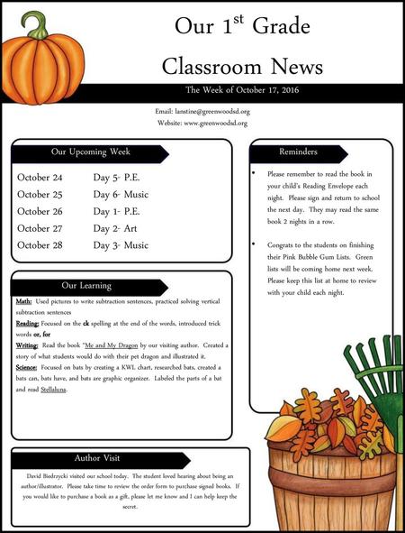 Our 1st Grade Classroom News The Week of October 17, 2016  Website: