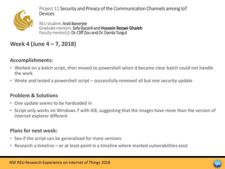 Week 4 (June 4 – 7, 2018) Accomplishments: Problem & Solutions