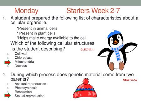 Monday Starters Week 2-7 A student prepared the following list of characteristics about a cellular organelle. *Present in animal cells *