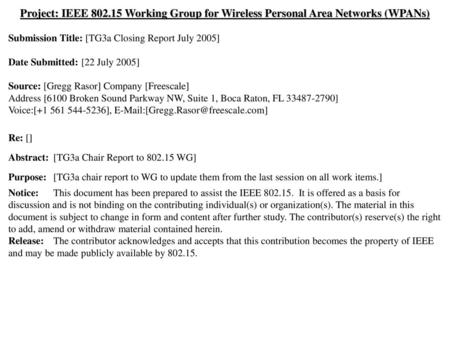 Submission Title: [TG3a Closing Report July 2005]