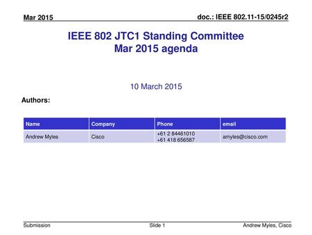 IEEE 802 JTC1 Standing Committee Mar 2015 agenda