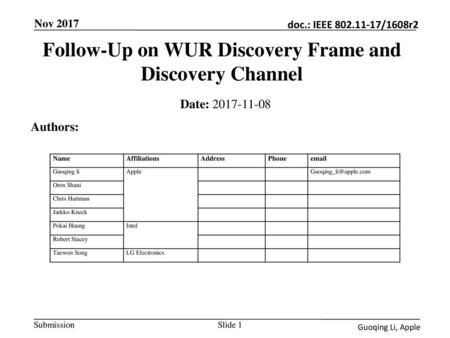 Follow-Up on WUR Discovery Frame and Discovery Channel