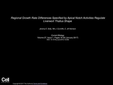 Regional Growth Rate Differences Specified by Apical Notch Activities Regulate Liverwort Thallus Shape  Jeremy E. Solly, Nik J. Cunniffe, C. Jill Harrison 