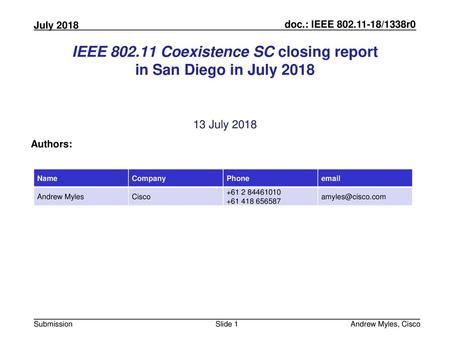 IEEE Coexistence SC closing report in San Diego in July 2018