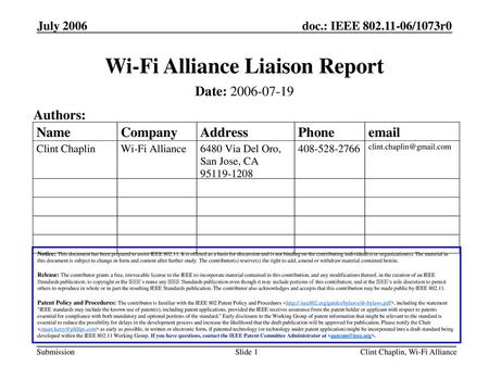 Wi-Fi Alliance Liaison Report