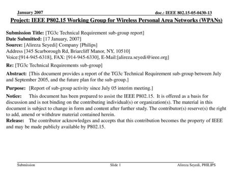 January 2007 Project: IEEE P802.15 Working Group for Wireless Personal Area Networks (WPANs) Submission Title: [TG3c Technical Requirement sub-group report]