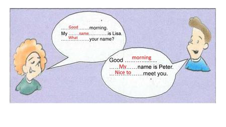 Good ……… ……………name is Peter. ………………meet you. My Nice to