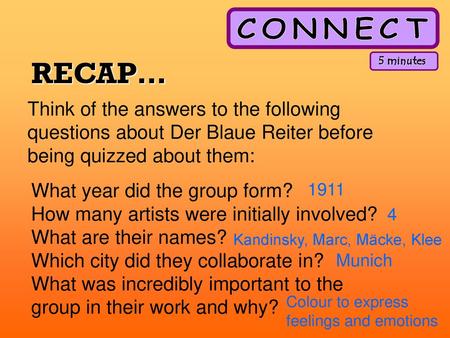 RECAP… 5 minutes Think of the answers to the following questions about Der Blaue Reiter before being quizzed about them: What year did the group form?