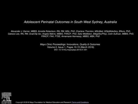 Adolescent Perinatal Outcomes in South West Sydney, Australia