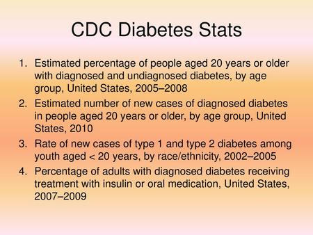 CDC Diabetes Stats Estimated percentage of people aged 20 years or older with diagnosed and undiagnosed diabetes, by age group, United States, 2005–2008.