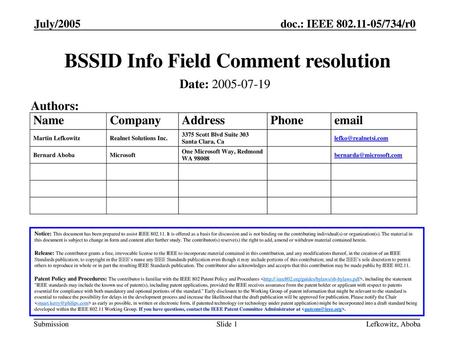 BSSID Info Field Comment resolution