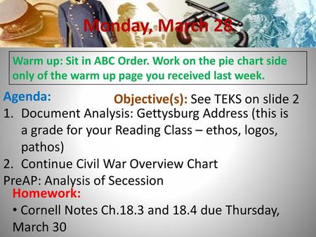 Monday, March 28 Agenda: Objective(s): See TEKS on slide 2