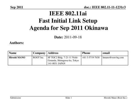 IEEE ai Fast Initial Link Setup Agenda for Sep 2011 Okinawa