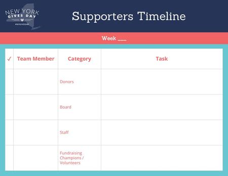 Supporters Timeline Week ___ ✓ Team Member Category Task Donors Board