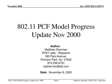 PCF Model Progress Update Nov 2000