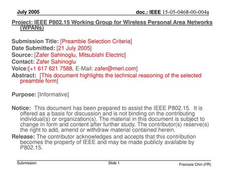 Submission Title: [Preamble Selection Criteria]