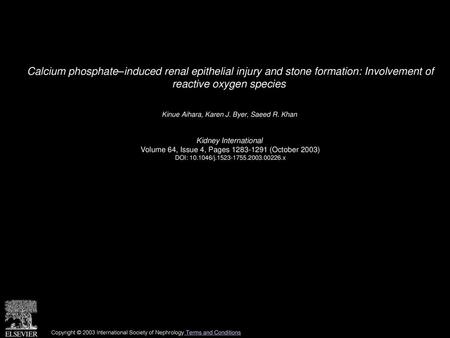 Calcium phosphate–induced renal epithelial injury and stone formation: Involvement of reactive oxygen species  Kinue Aihara, Karen J. Byer, Saeed R. Khan 