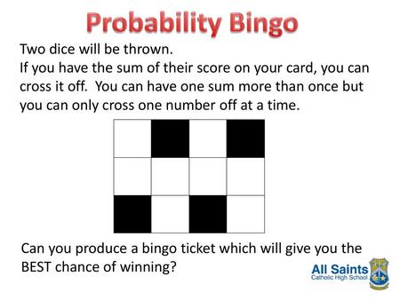 Probability Bingo Two dice will be thrown.