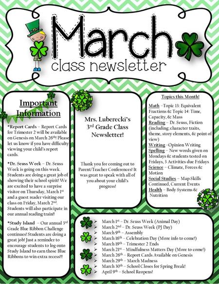 Important Information 3rd Grade Class Newsletter!