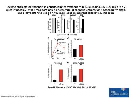 Reverse cholesterol transport is enhanced after systemic miR‐33 silencing.C57BL/6 mice (n = 7) were infused i.v. with 5 mpk scrambled or anti‐miR‐33 oligonucleotides.