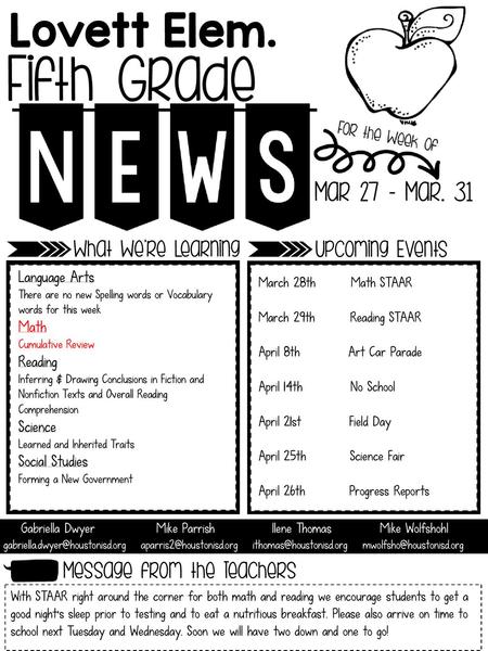 Fifth Grade Lovett Elem. Mar 27 – Mar. 31 What We’re Learning