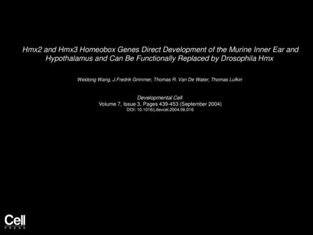 Hmx2 and Hmx3 Homeobox Genes Direct Development of the Murine Inner Ear and Hypothalamus and Can Be Functionally Replaced by Drosophila Hmx  Weidong Wang,