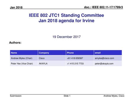 IEEE 802 JTC1 Standing Committee Jan 2018 agenda for Irvine