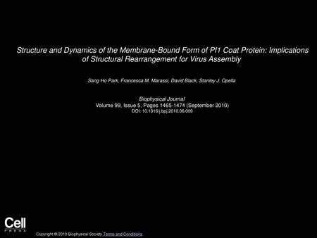 Structure and Dynamics of the Membrane-Bound Form of Pf1 Coat Protein: Implications of Structural Rearrangement for Virus Assembly  Sang Ho Park, Francesca.