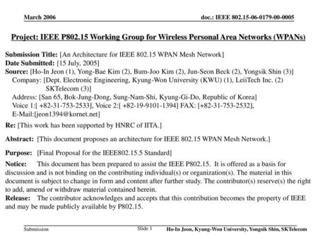 March 2006 Project: IEEE P802.15 Working Group for Wireless Personal Area Networks (WPANs) Submission Title: [An Architecture for IEEE 802.15 WPAN Mesh.