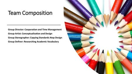 Team Composition Group Director: Cooperation and Time Management Group Artist: Conceptualization and Design Group Stenographer: Copying Standards Atop.