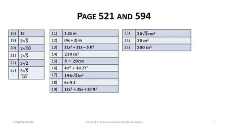 9-2 and 11-3: Perimeter and Area of Circles and Sectors