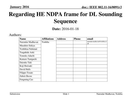 Regarding HE NDPA frame for DL Sounding Sequence