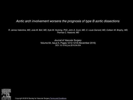 Aortic arch involvement worsens the prognosis of type B aortic dissections  R. James Valentine, MD, Julia M. Boll, MD, Kyle M. Hocking, PhD, John A. Curci,