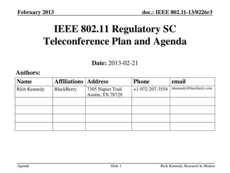 IEEE Regulatory SC Teleconference Plan and Agenda