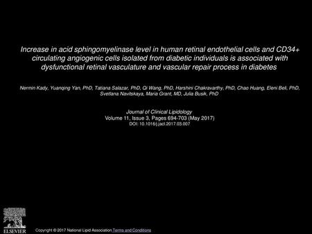 Increase in acid sphingomyelinase level in human retinal endothelial cells and CD34+ circulating angiogenic cells isolated from diabetic individuals is.