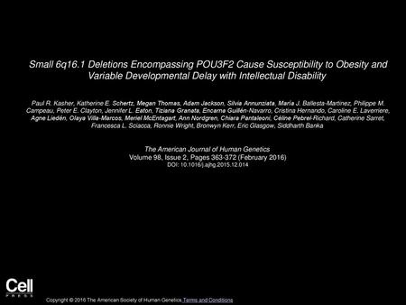 Small 6q16.1 Deletions Encompassing POU3F2 Cause Susceptibility to Obesity and Variable Developmental Delay with Intellectual Disability  Paul R. Kasher,