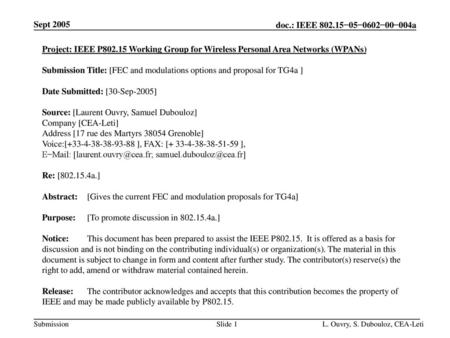 Submission Title: [FEC and modulations options and proposal for TG4a ]