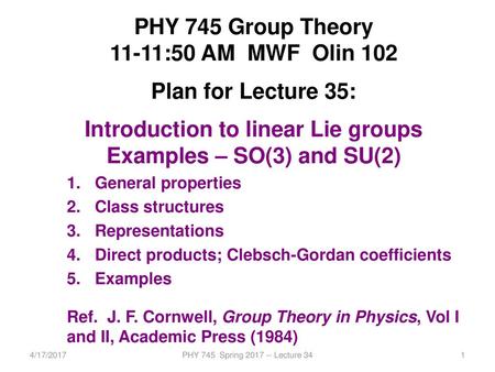 Introduction to linear Lie groups Examples – SO(3) and SU(2)