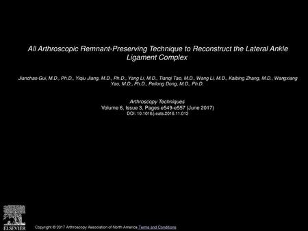 All Arthroscopic Remnant-Preserving Technique to Reconstruct the Lateral Ankle Ligament Complex  Jianchao Gui, M.D., Ph.D., Yiqiu Jiang, M.D., Ph.D.,