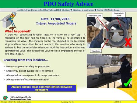 PDO Safety Advice Date: 11/08/2015 Injury: Amputated fingers